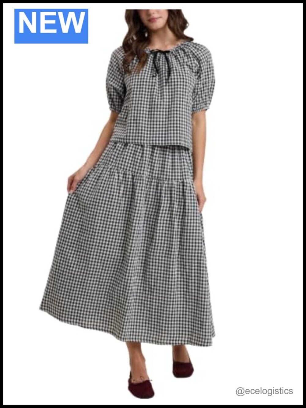 Women's Gingham 2 Piece Tie Front Puff Sleeve Midi Skirt Set